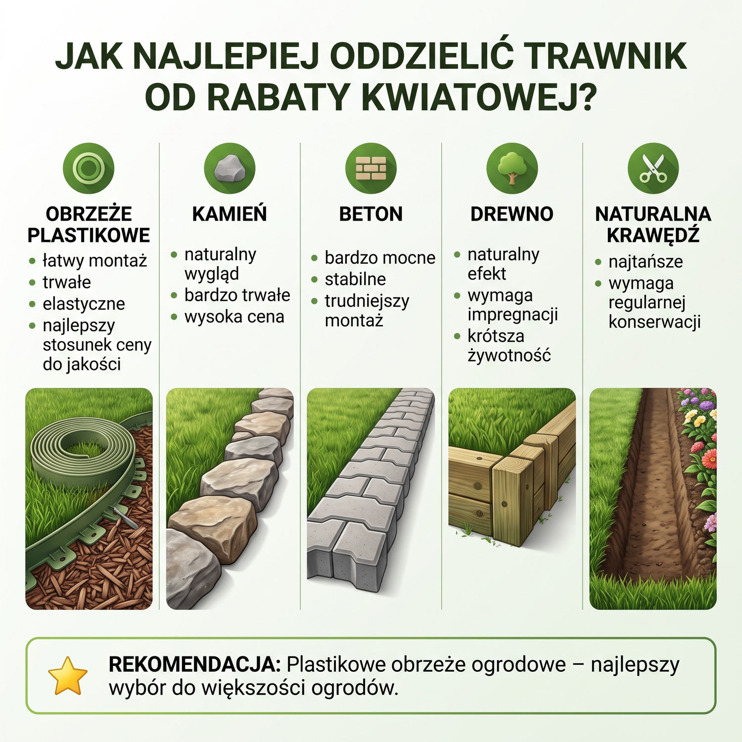 Zestawienie materiałów na obrzeża: plastik, beton, kamień naturalny i drewno